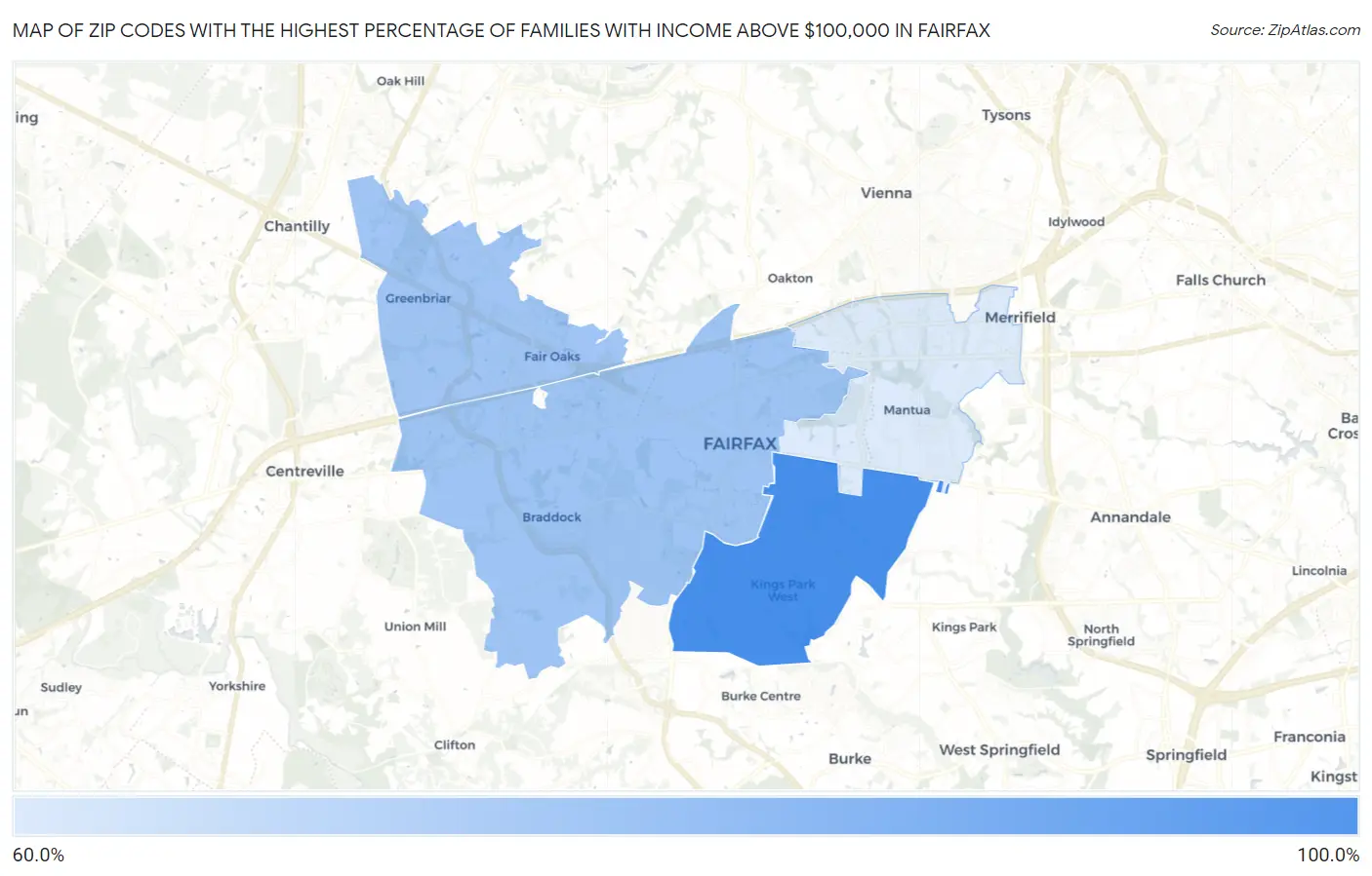 Zip Codes with the Highest Percentage of Families with Income Above $100,000 in Fairfax Map