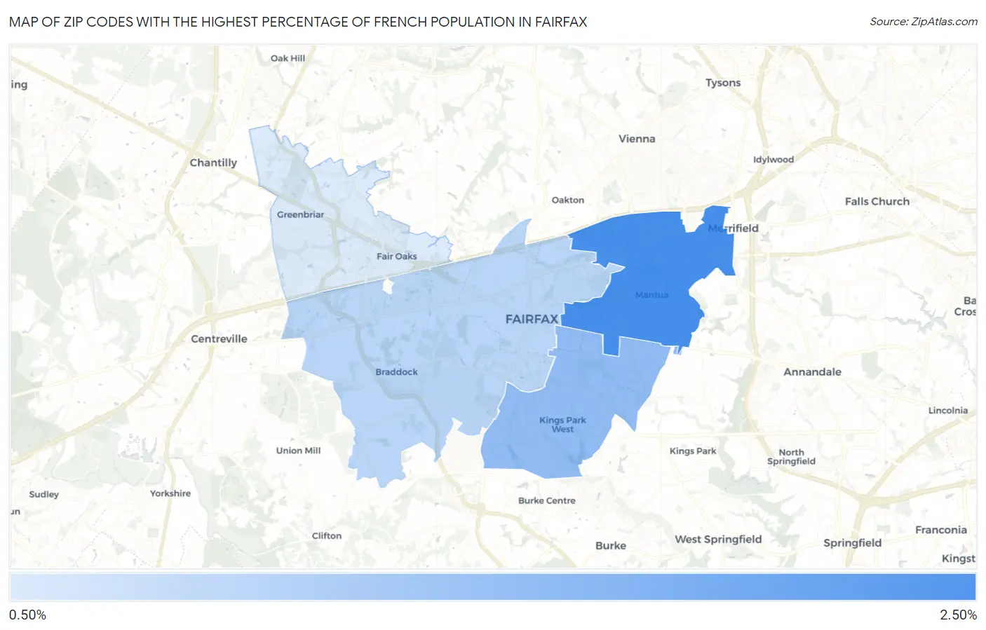 Zip Codes with the Highest Percentage of French Population in Fairfax Map