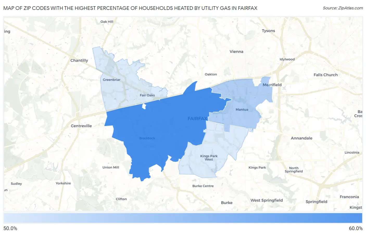 Zip Codes with the Highest Percentage of Households Heated by Utility Gas in Fairfax Map