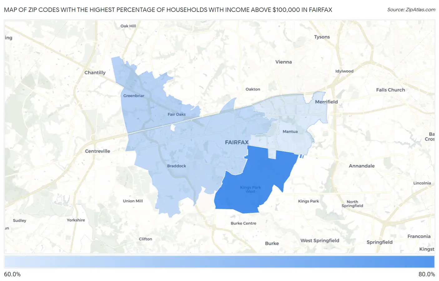 Zip Codes with the Highest Percentage of Households with Income Above $100,000 in Fairfax Map