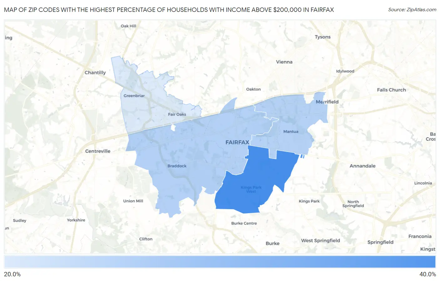 Zip Codes with the Highest Percentage of Households with Income Above $200,000 in Fairfax Map