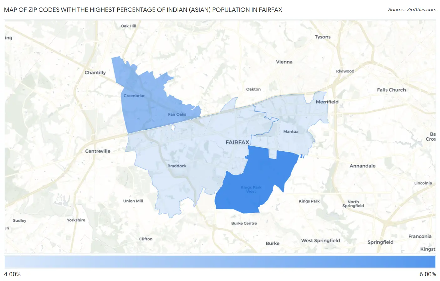 Zip Codes with the Highest Percentage of Indian (Asian) Population in Fairfax Map