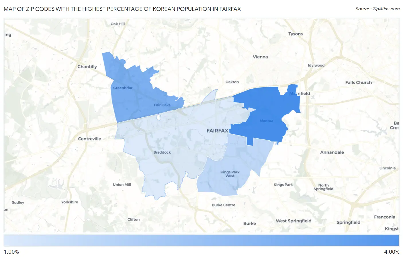 Zip Codes with the Highest Percentage of Korean Population in Fairfax Map