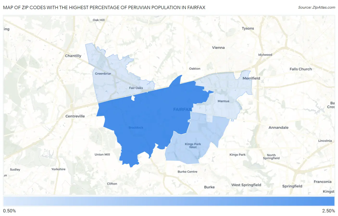 Zip Codes with the Highest Percentage of Peruvian Population in Fairfax Map