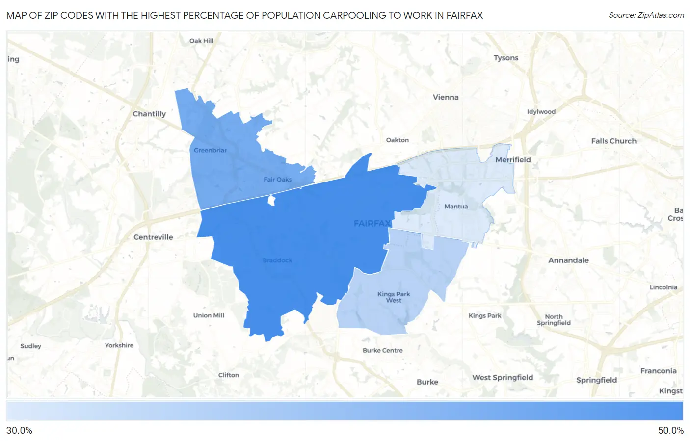 Zip Codes with the Highest Percentage of Population Carpooling to Work in Fairfax Map