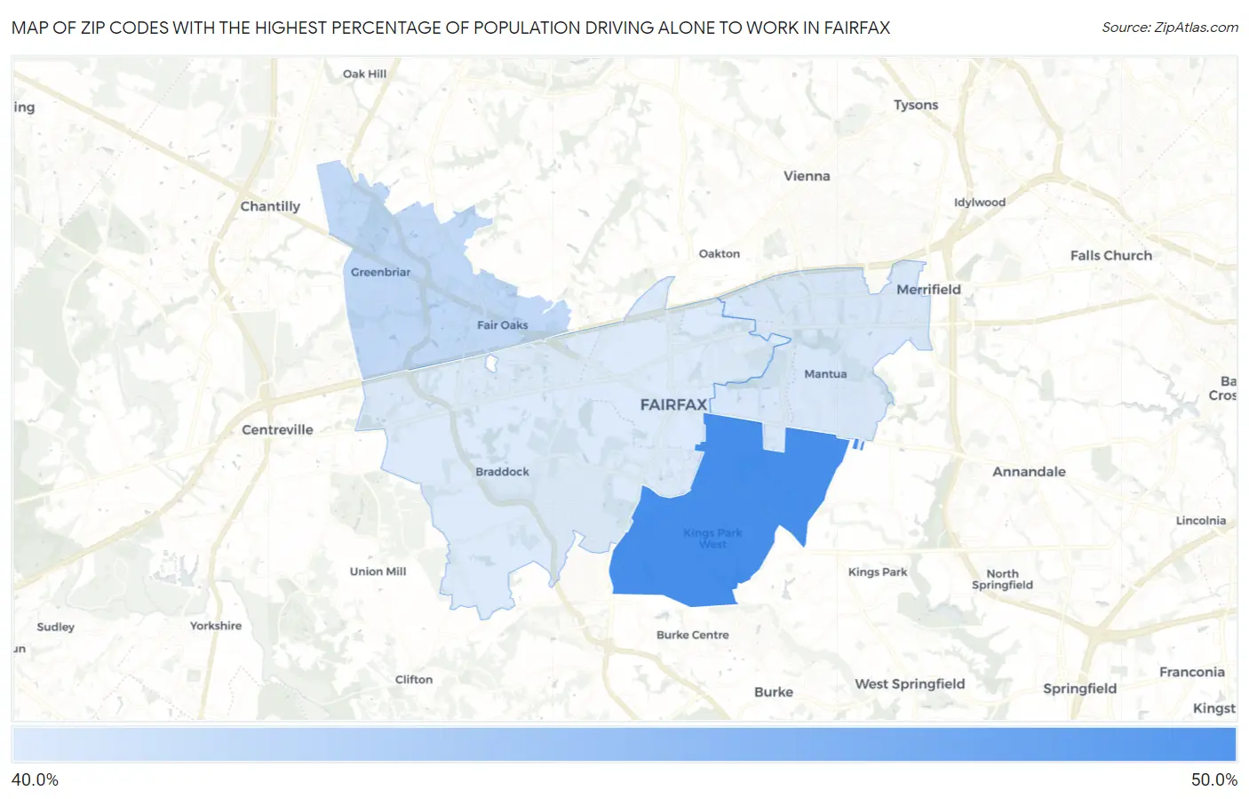 Zip Codes with the Highest Percentage of Population Driving Alone to Work in Fairfax Map
