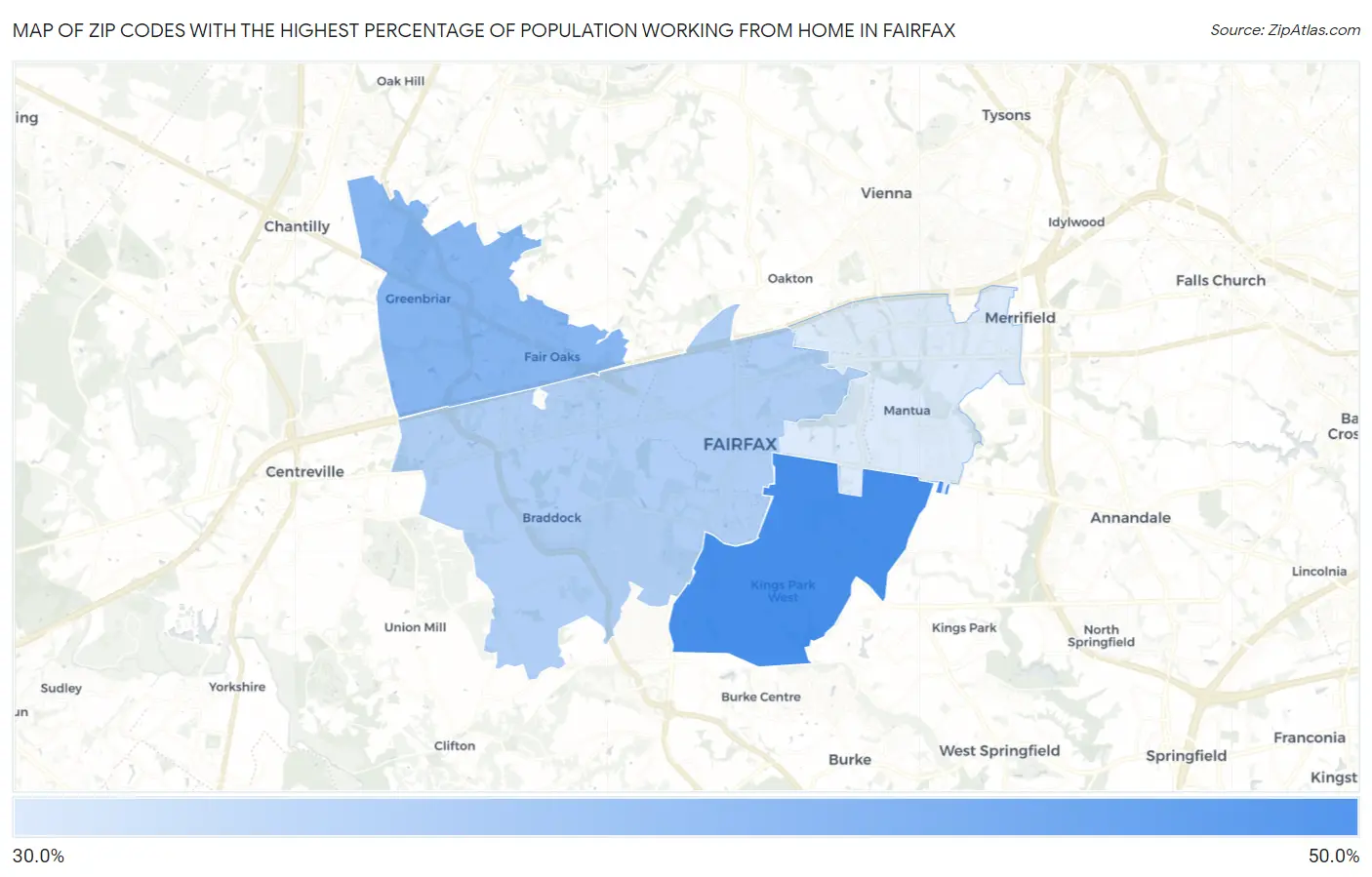 Zip Codes with the Highest Percentage of Population Working from Home in Fairfax Map