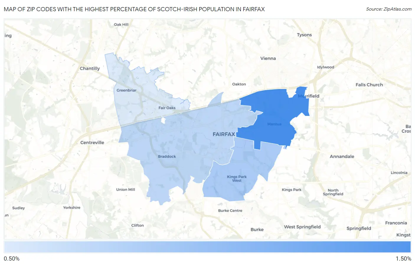 Zip Codes with the Highest Percentage of Scotch-Irish Population in Fairfax Map
