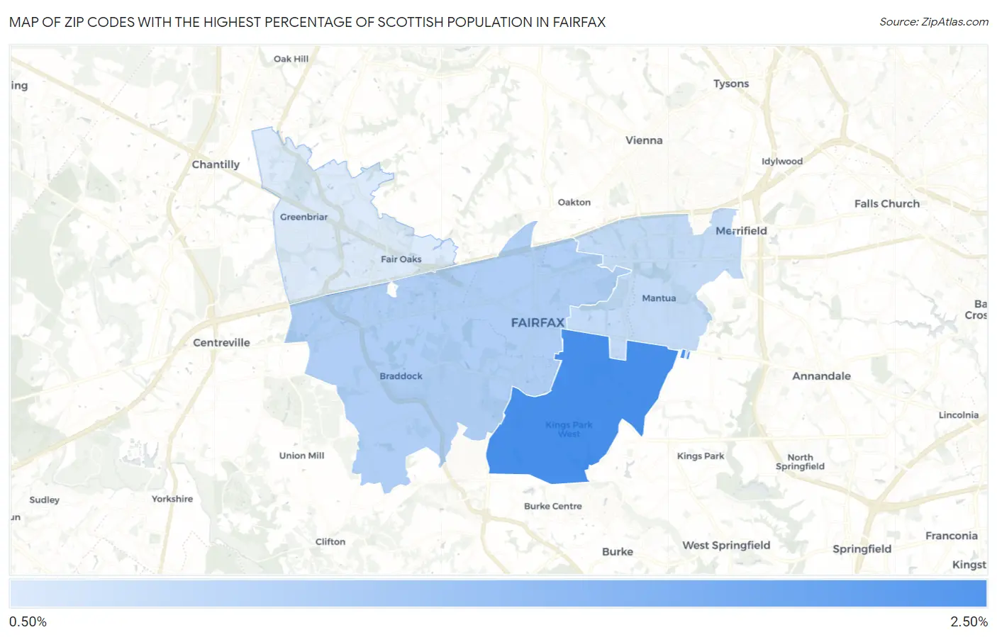 Zip Codes with the Highest Percentage of Scottish Population in Fairfax Map