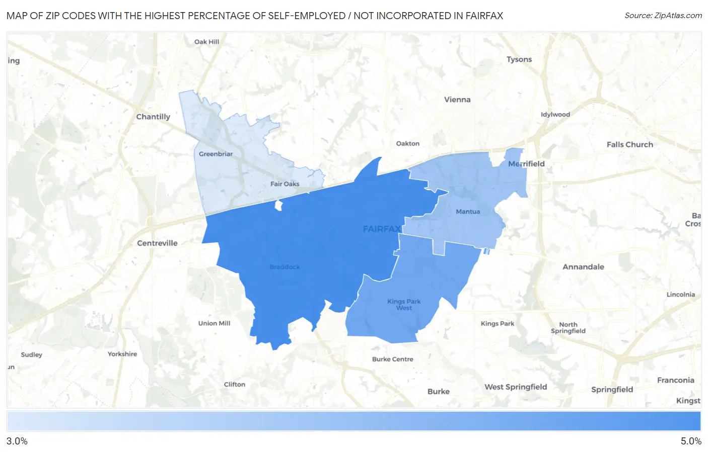 Zip Codes with the Highest Percentage of Self-Employed / Not Incorporated in Fairfax Map