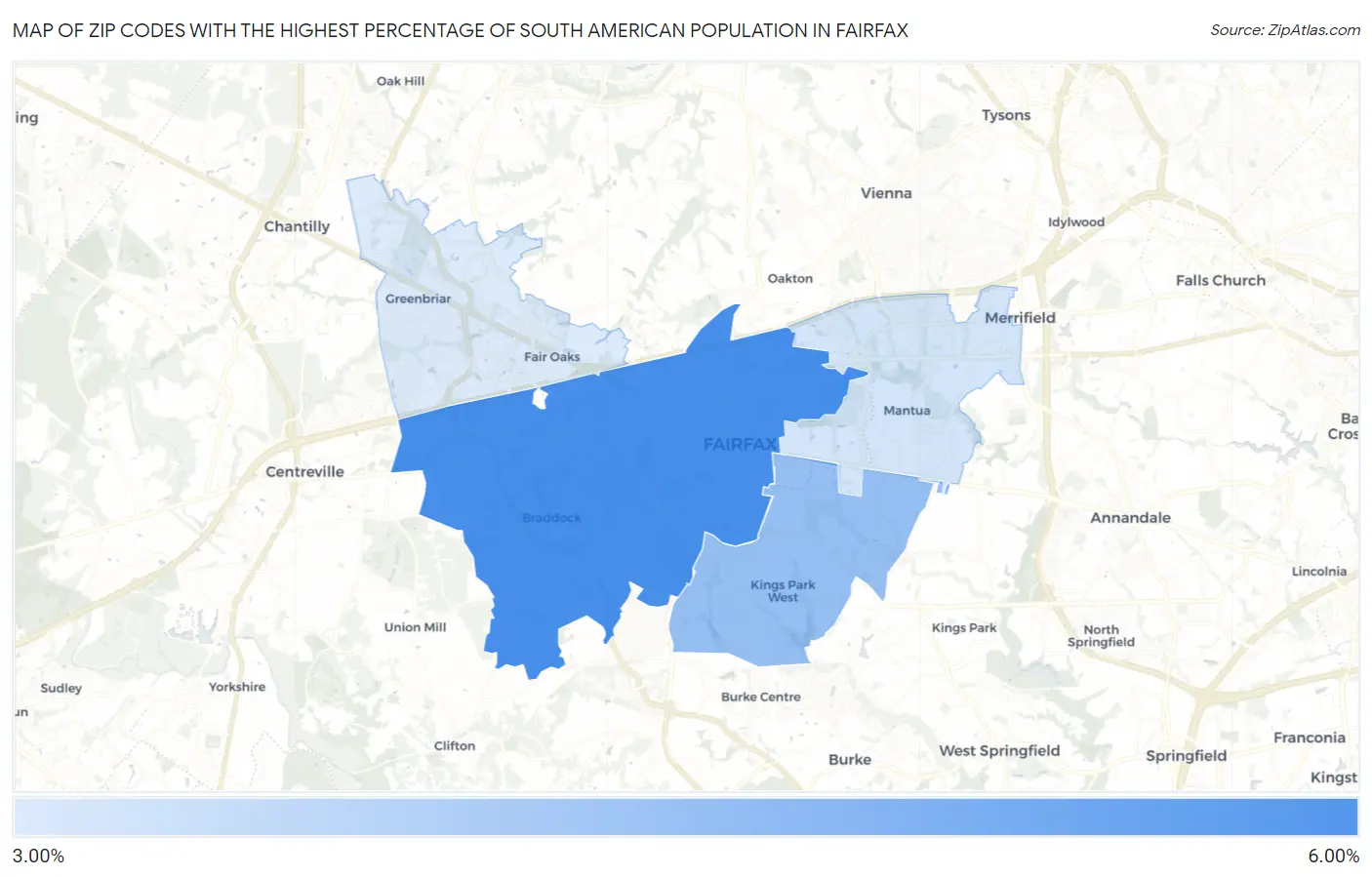 Zip Codes with the Highest Percentage of South American Population in Fairfax Map