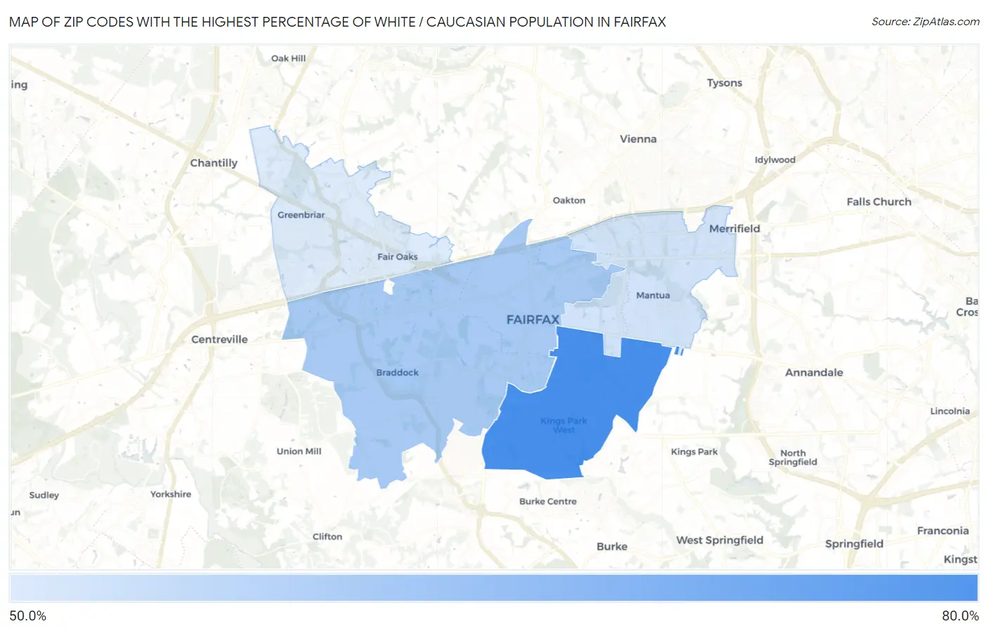Zip Codes with the Highest Percentage of White / Caucasian Population in Fairfax Map