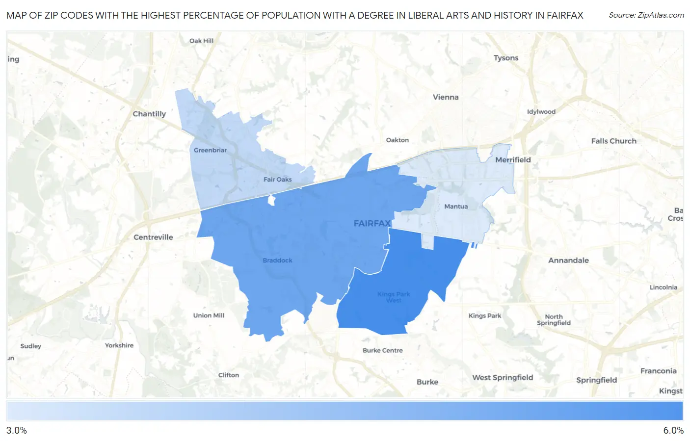 Zip Codes with the Highest Percentage of Population with a Degree in Liberal Arts and History in Fairfax Map
