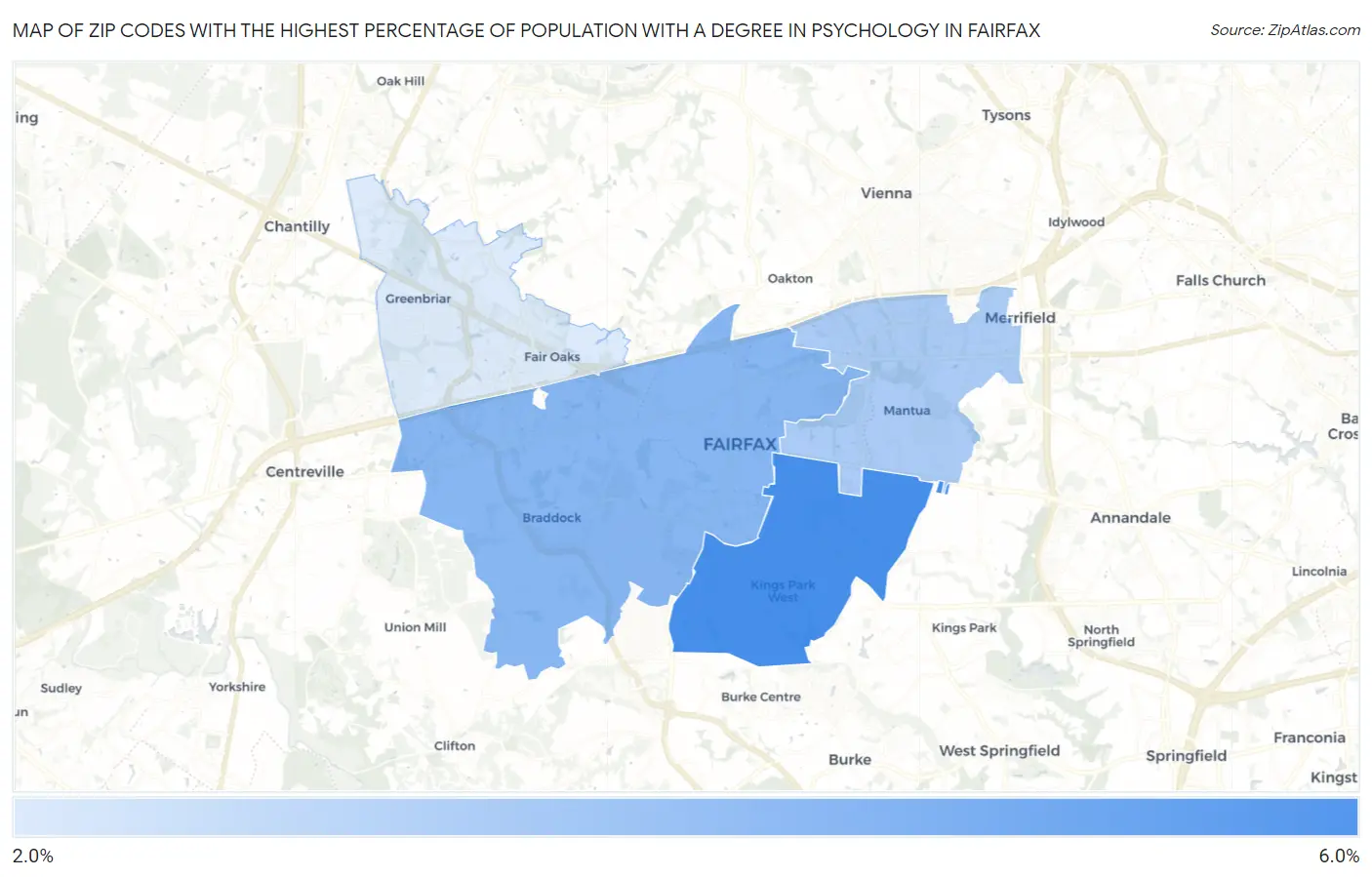 Zip Codes with the Highest Percentage of Population with a Degree in Psychology in Fairfax Map