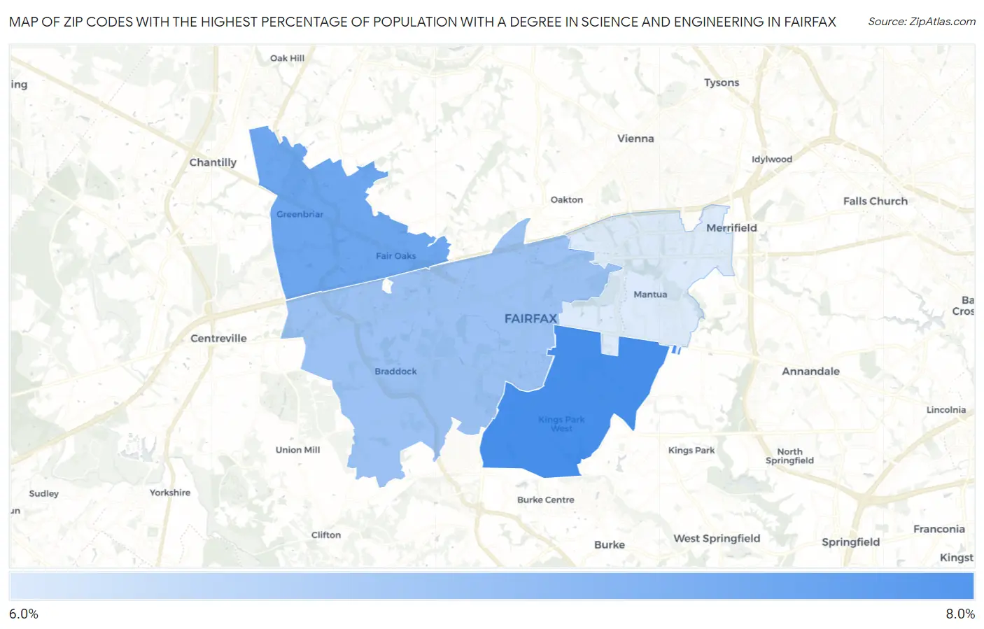 Zip Codes with the Highest Percentage of Population with a Degree in Science and Engineering in Fairfax Map