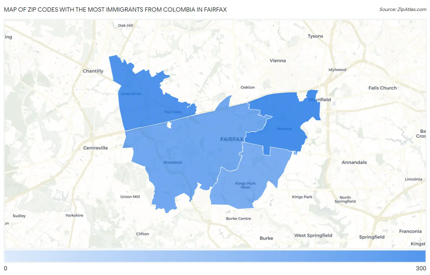 Zip Codes with the Most Immigrants from Colombia in Fairfax Map