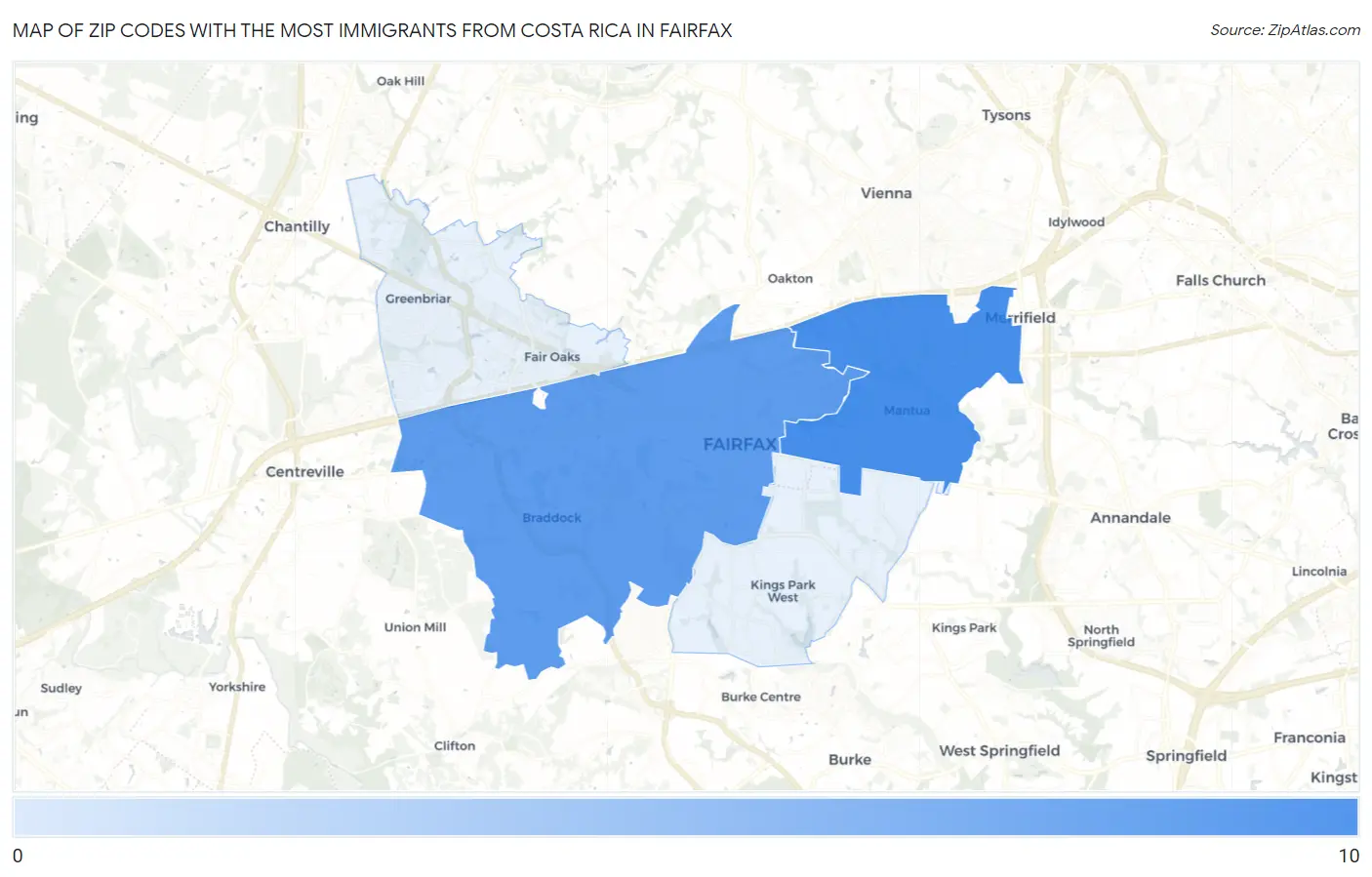 Zip Codes with the Most Immigrants from Costa Rica in Fairfax Map