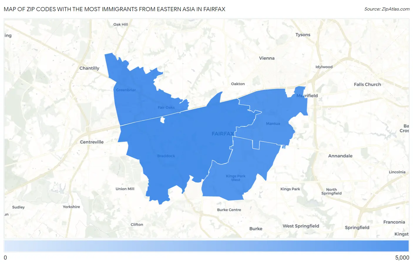 Zip Codes with the Most Immigrants from Eastern Asia in Fairfax Map