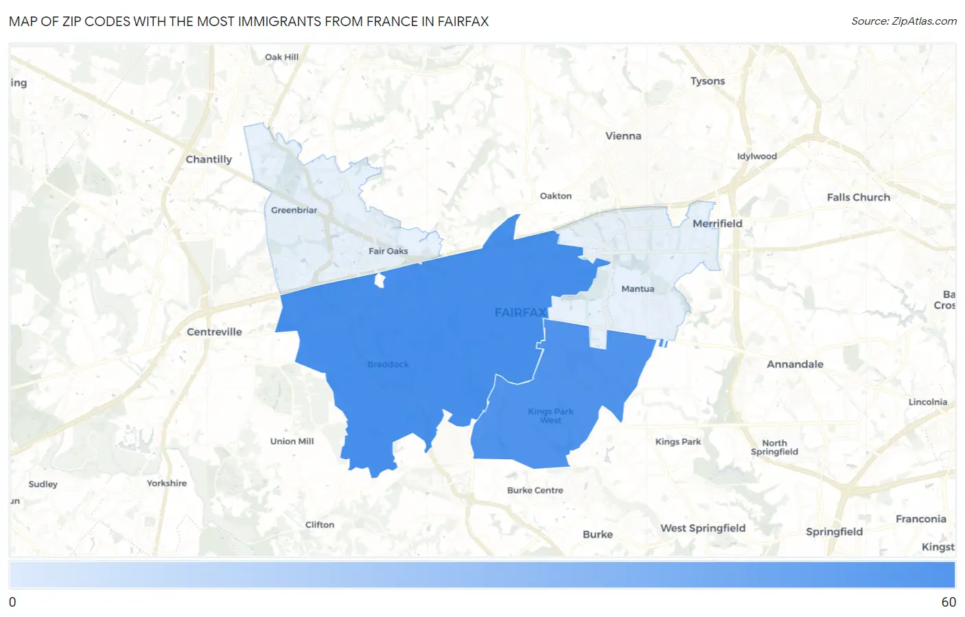 Zip Codes with the Most Immigrants from France in Fairfax Map