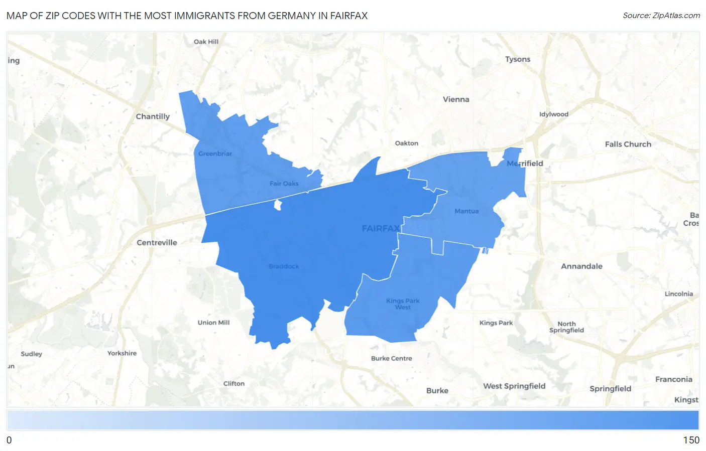 Zip Codes with the Most Immigrants from Germany in Fairfax Map