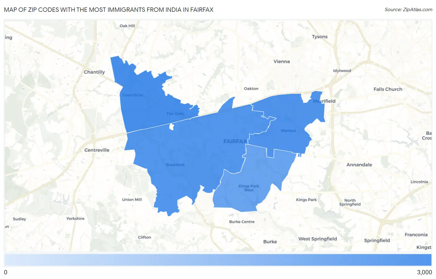 Zip Codes with the Most Immigrants from India in Fairfax Map