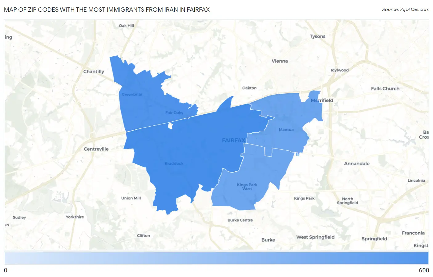 Zip Codes with the Most Immigrants from Iran in Fairfax Map