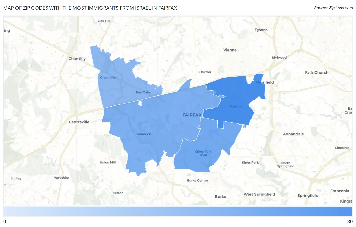 Zip Codes with the Most Immigrants from Israel in Fairfax Map