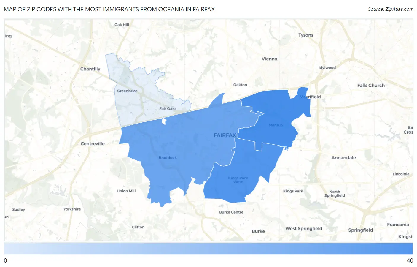 Zip Codes with the Most Immigrants from Oceania in Fairfax Map
