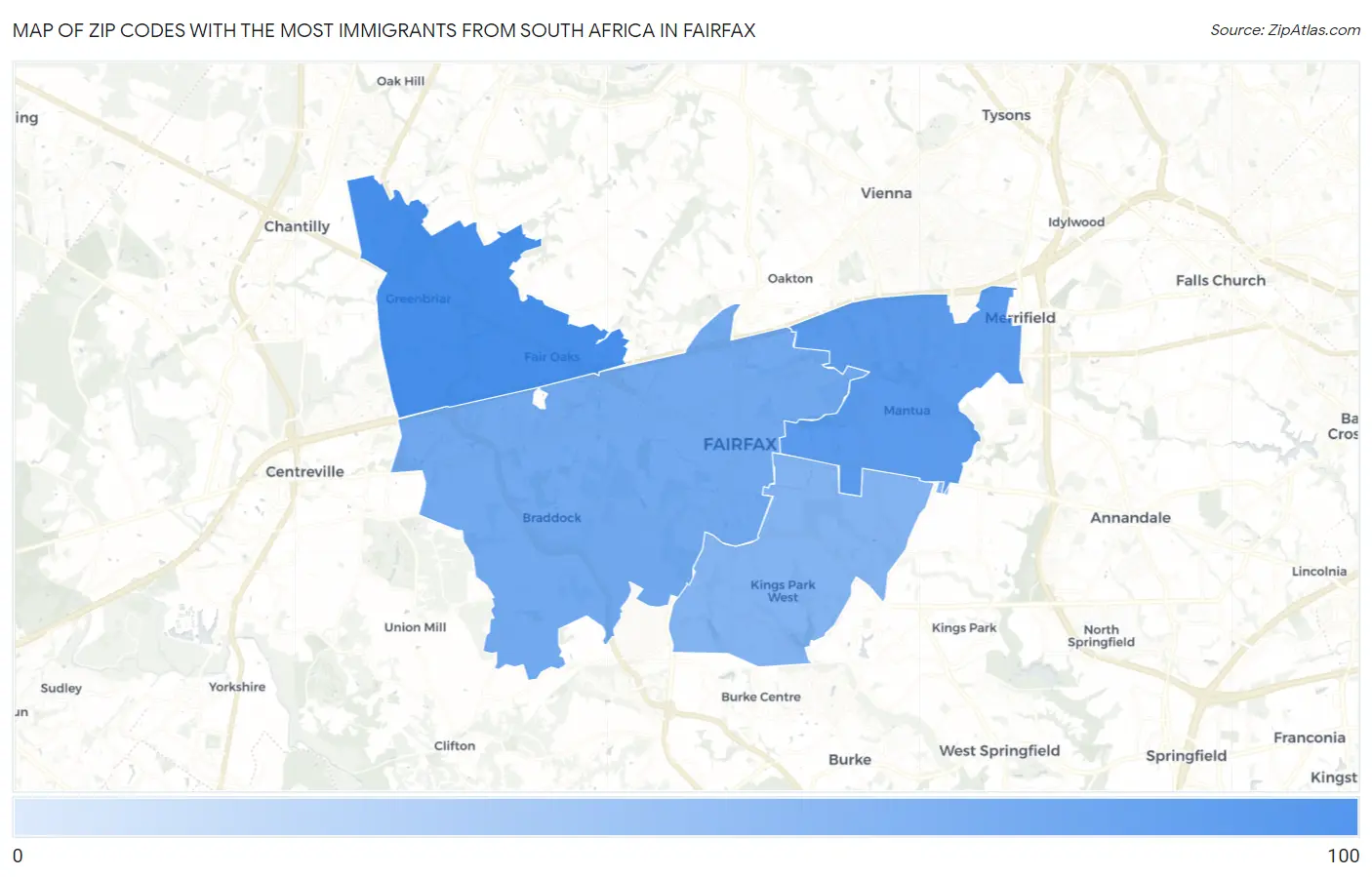 Zip Codes with the Most Immigrants from South Africa in Fairfax Map