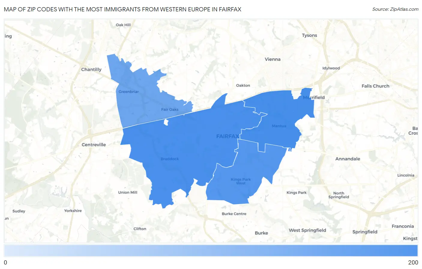 Zip Codes with the Most Immigrants from Western Europe in Fairfax Map