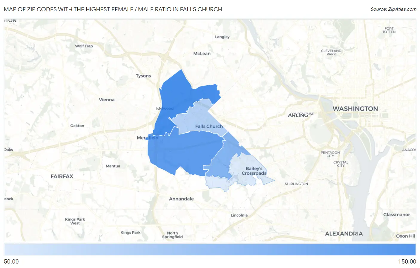 Zip Codes with the Highest Female / Male Ratio in Falls Church Map
