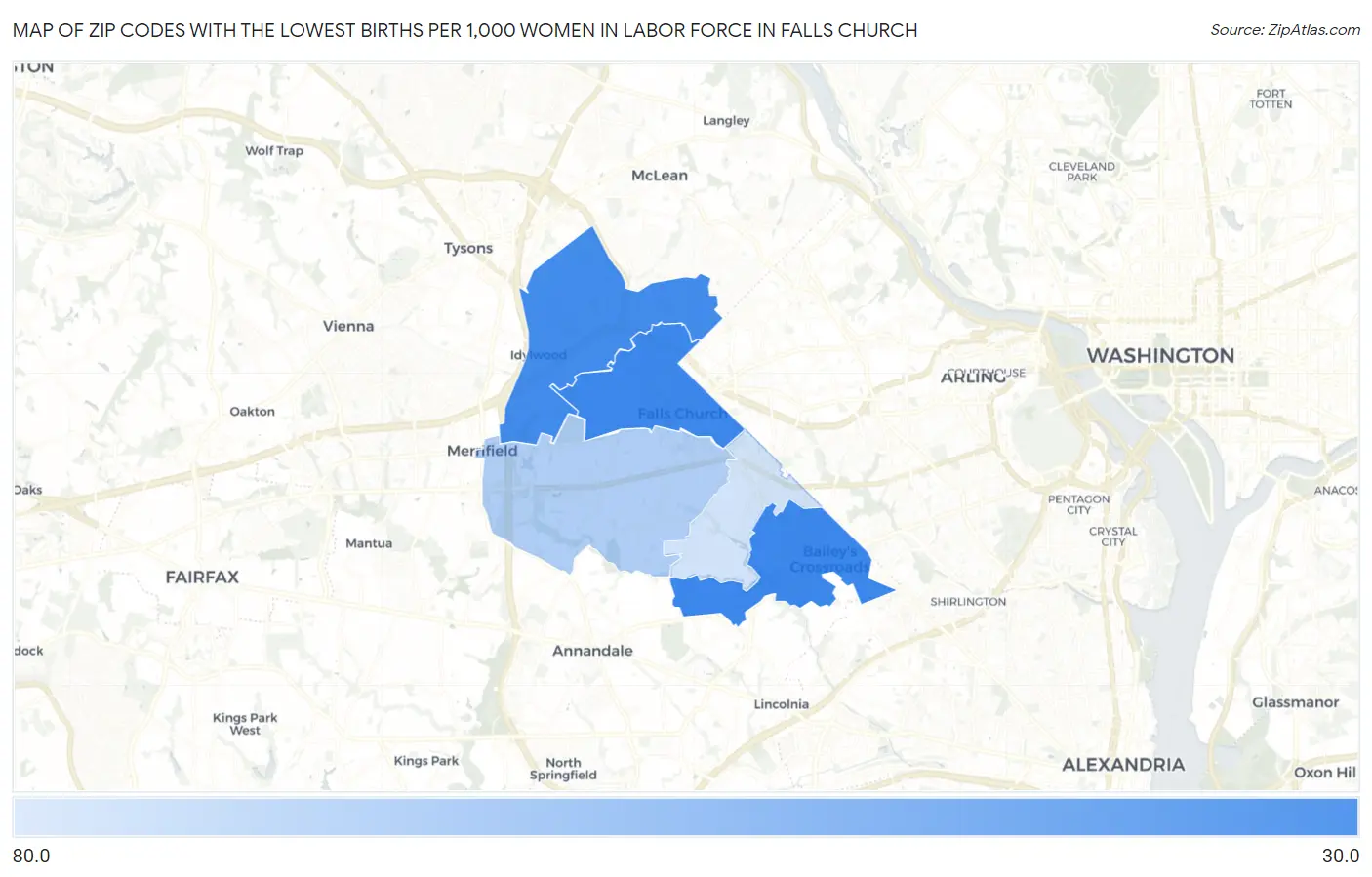 Zip Codes with the Lowest Births per 1,000 Women in Labor Force in Falls Church Map