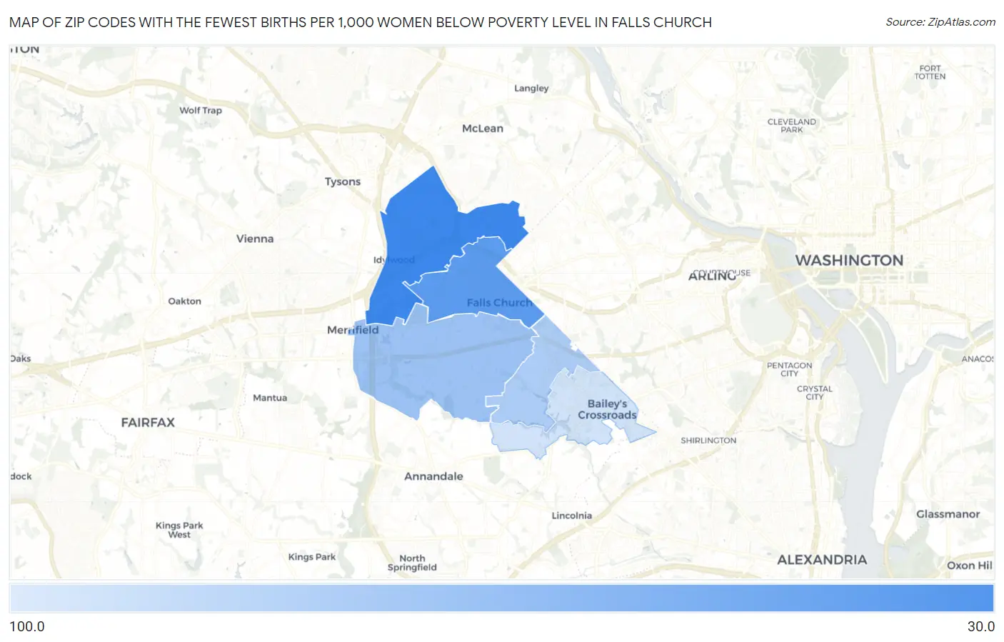 Zip Codes with the Fewest Births per 1,000 Women Below Poverty Level in Falls Church Map