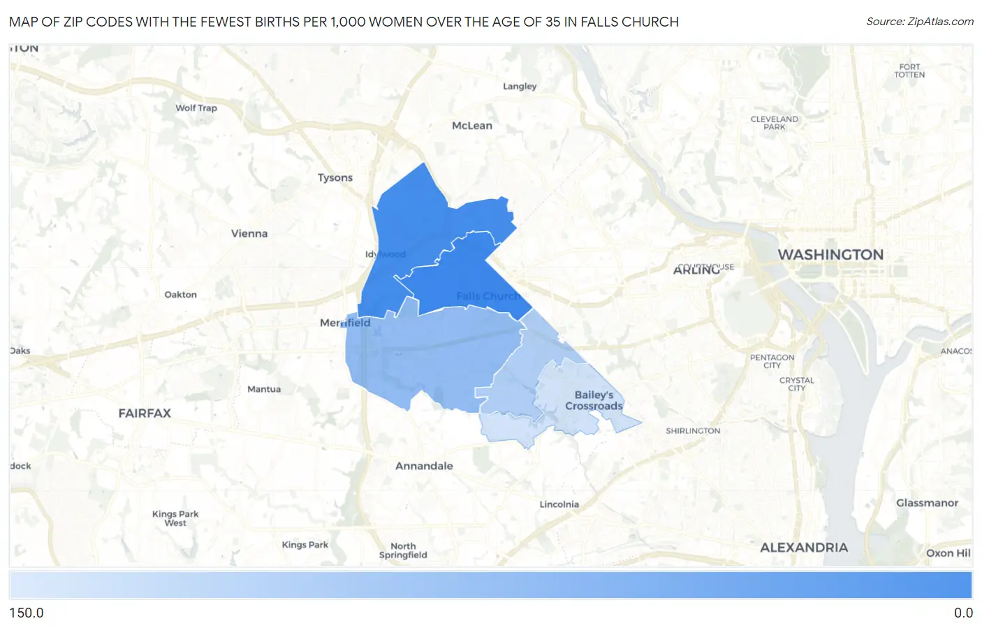 Zip Codes with the Fewest Births per 1,000 Women Over the Age of 35 in Falls Church Map