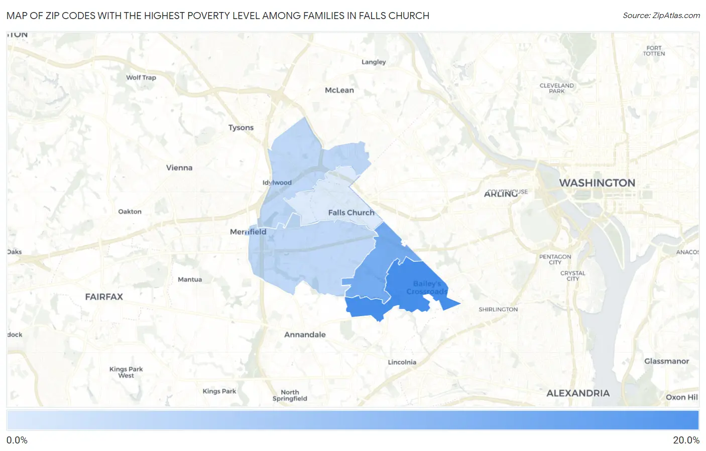 Zip Codes with the Highest Poverty Level Among Families in Falls Church Map