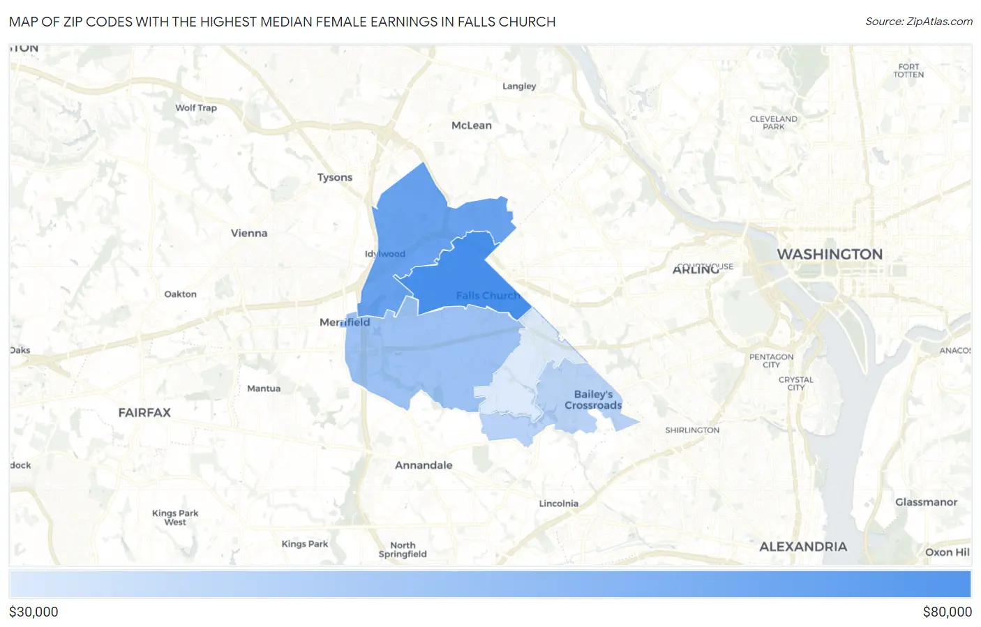 Zip Codes with the Highest Median Female Earnings in Falls Church Map