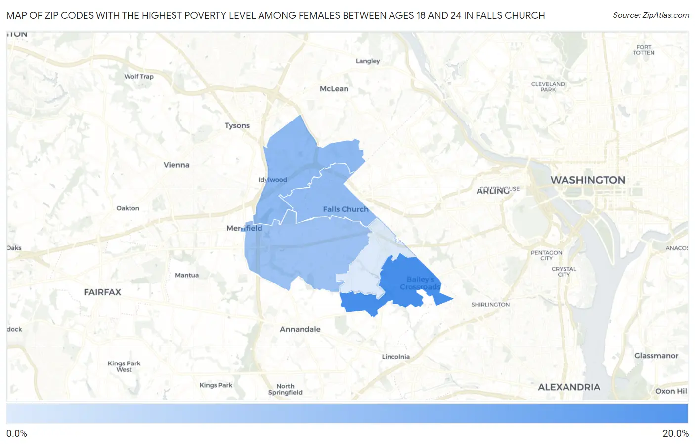 Zip Codes with the Highest Poverty Level Among Females Between Ages 18 and 24 in Falls Church Map