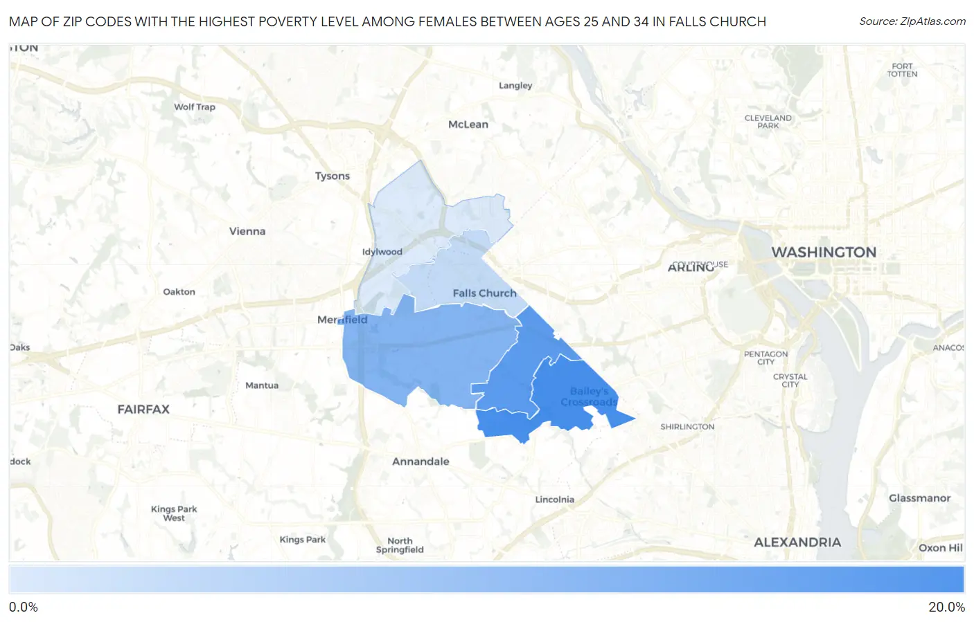 Zip Codes with the Highest Poverty Level Among Females Between Ages 25 and 34 in Falls Church Map