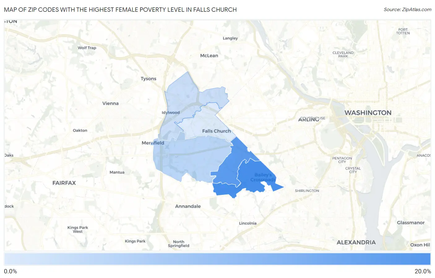 Zip Codes with the Highest Female Poverty Level in Falls Church Map