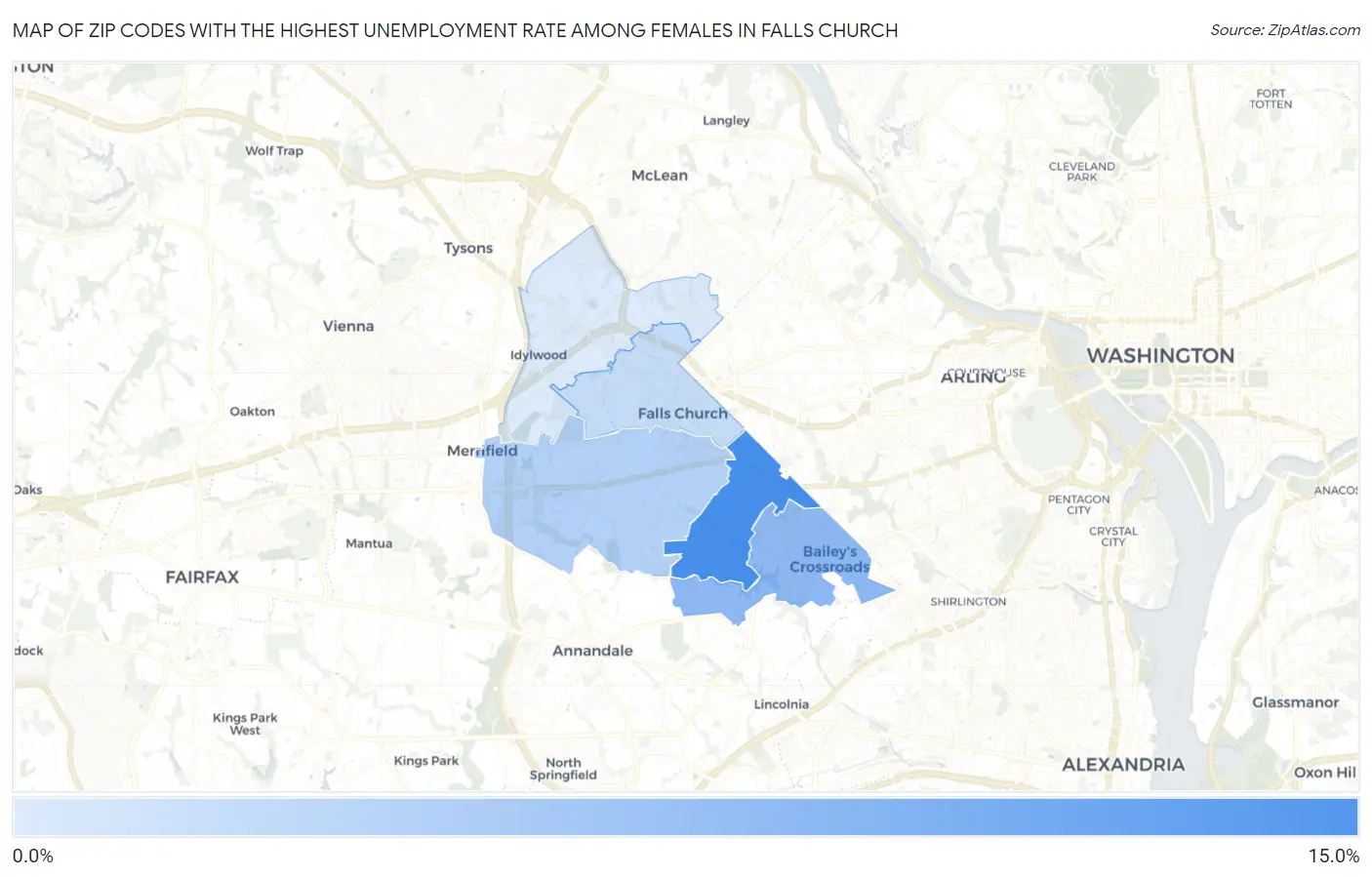 Zip Codes with the Highest Unemployment Rate Among Females in Falls Church Map