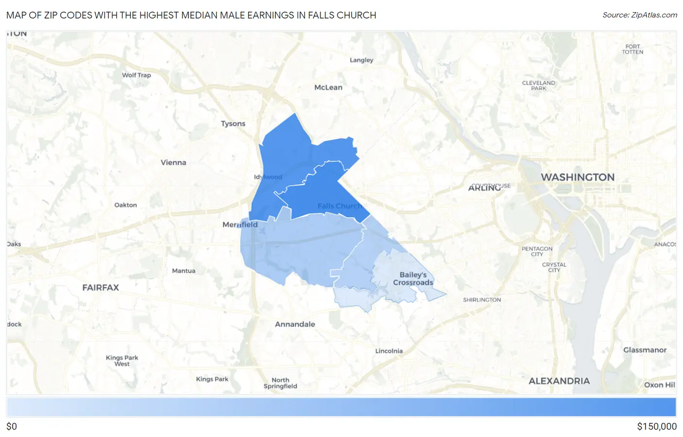 Zip Codes with the Highest Median Male Earnings in Falls Church Map