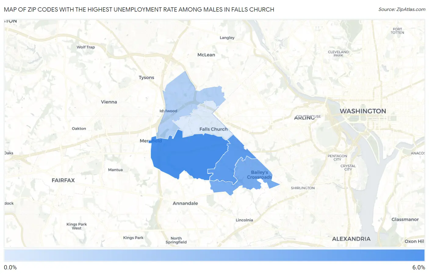 Zip Codes with the Highest Unemployment Rate Among Males in Falls Church Map
