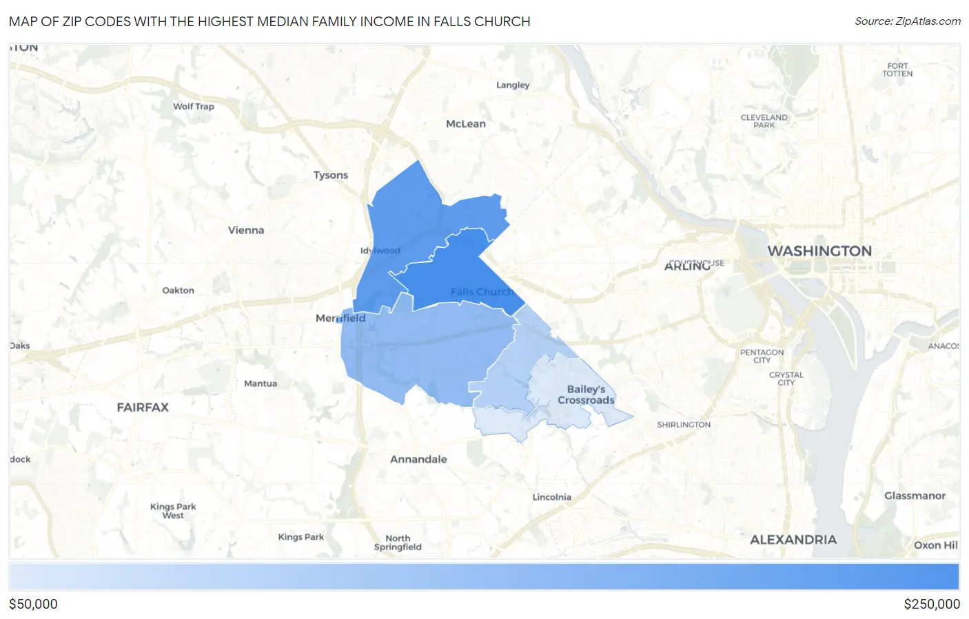 Zip Codes with the Highest Median Family Income in Falls Church Map