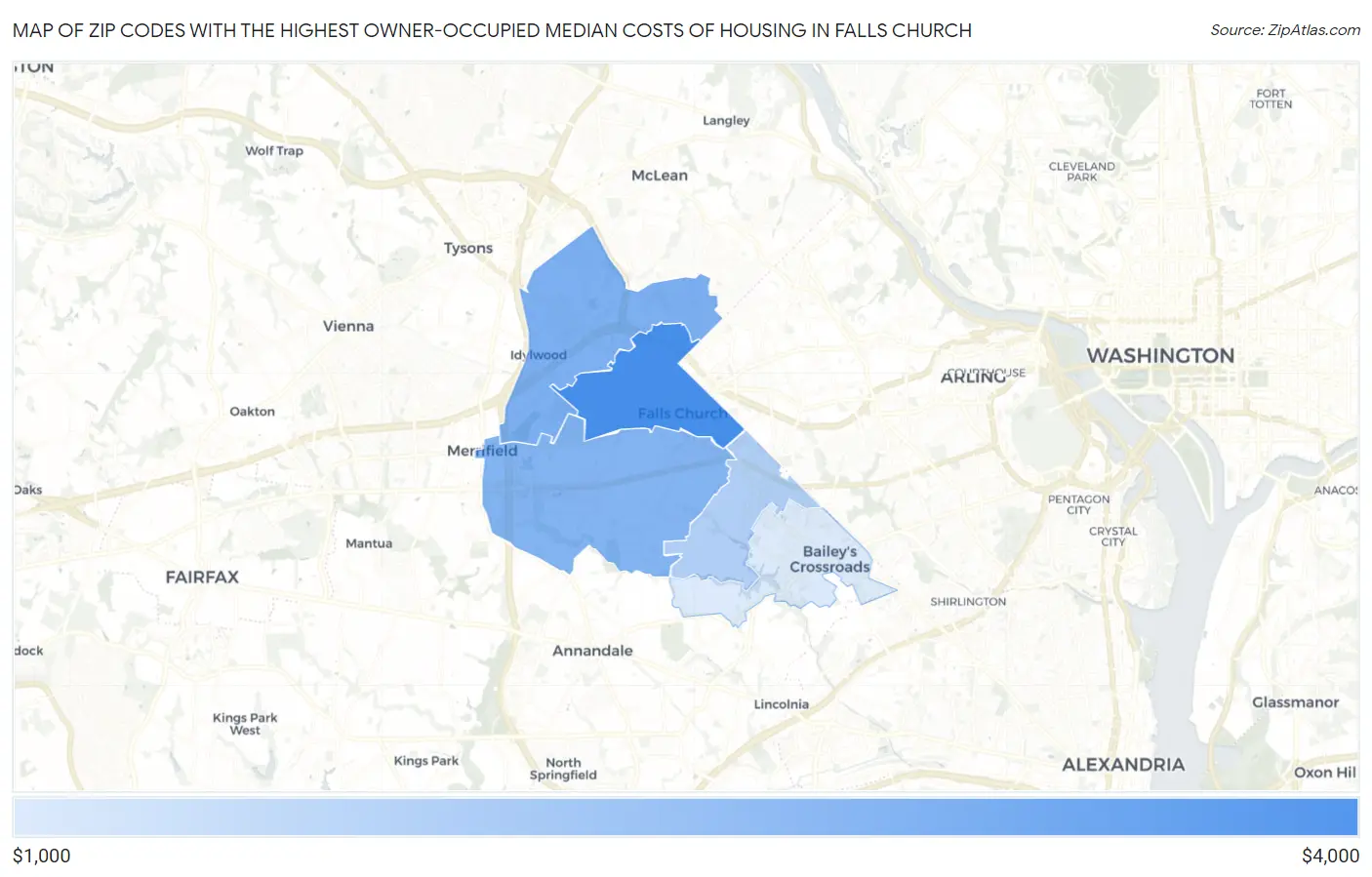 Zip Codes with the Highest Owner-Occupied Median Costs of Housing in Falls Church Map