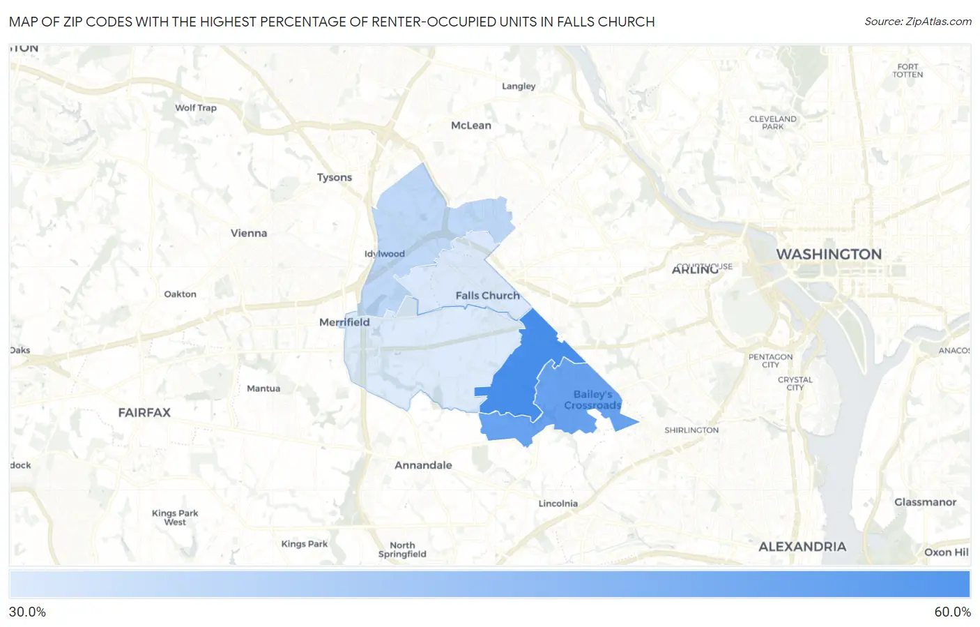 Zip Codes with the Highest Percentage of Renter-Occupied Units in Falls Church Map