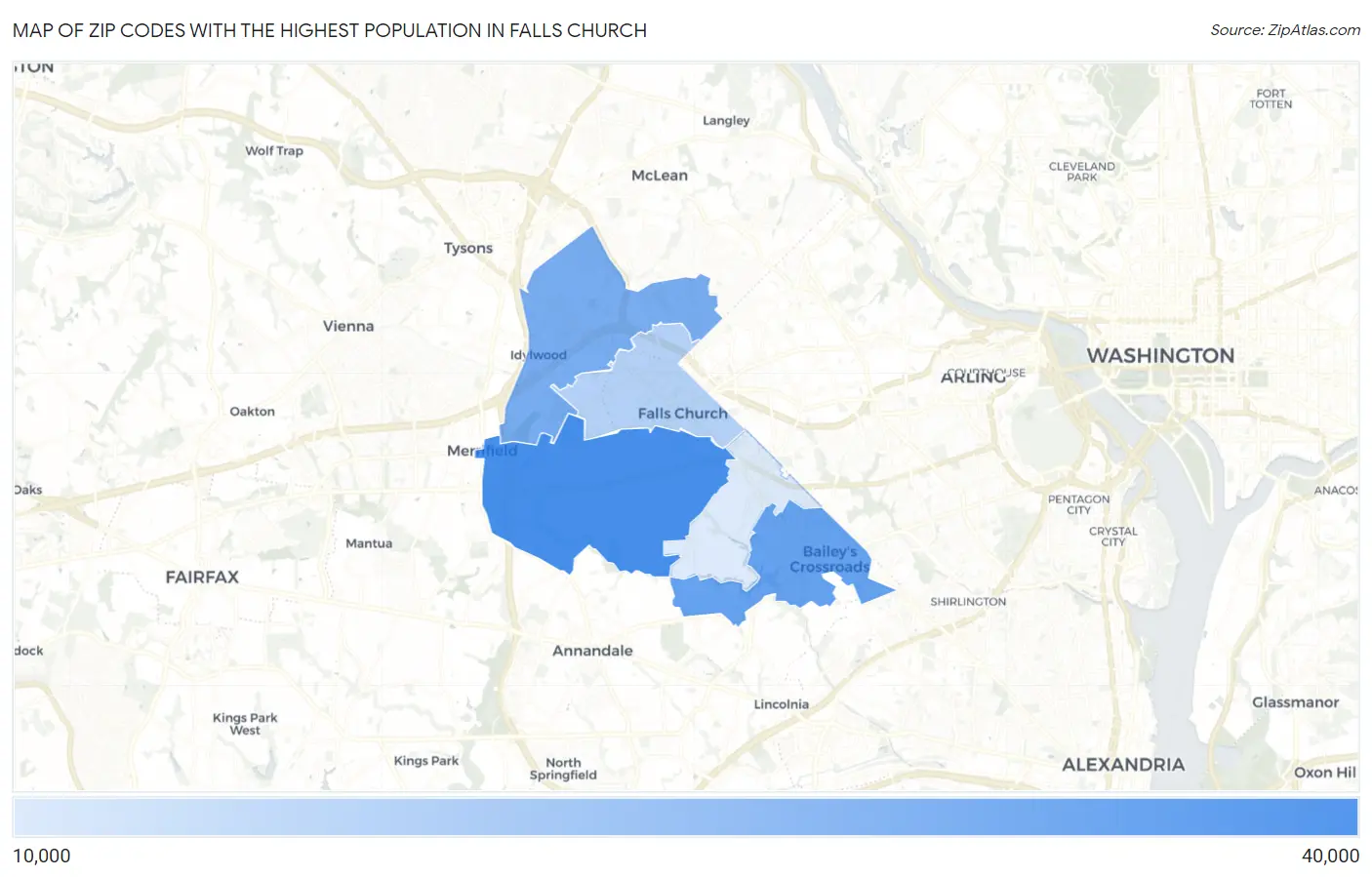 Zip Codes with the Highest Population in Falls Church Map