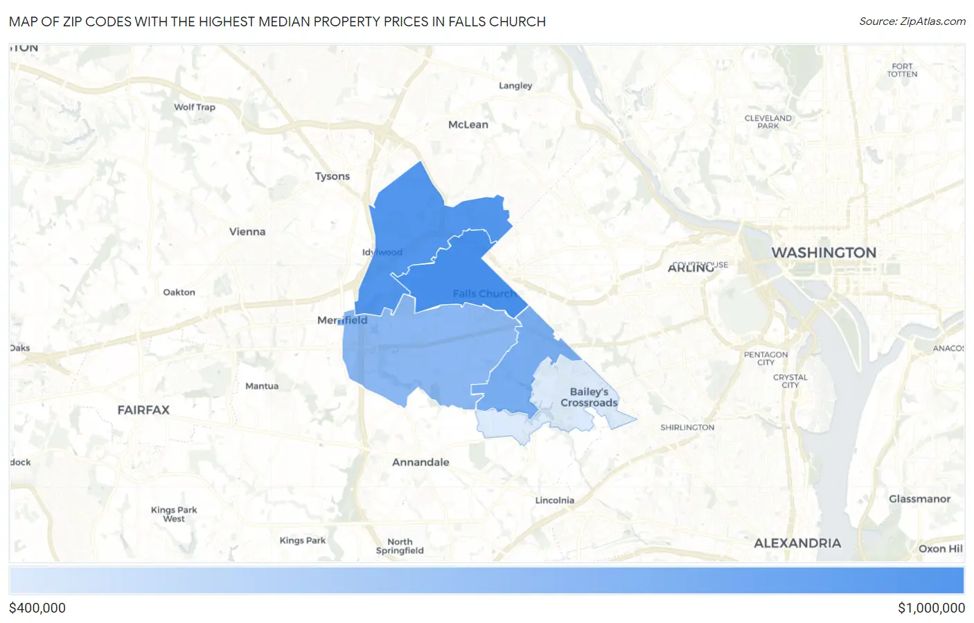 Zip Codes with the Highest Median Property Prices in Falls Church Map
