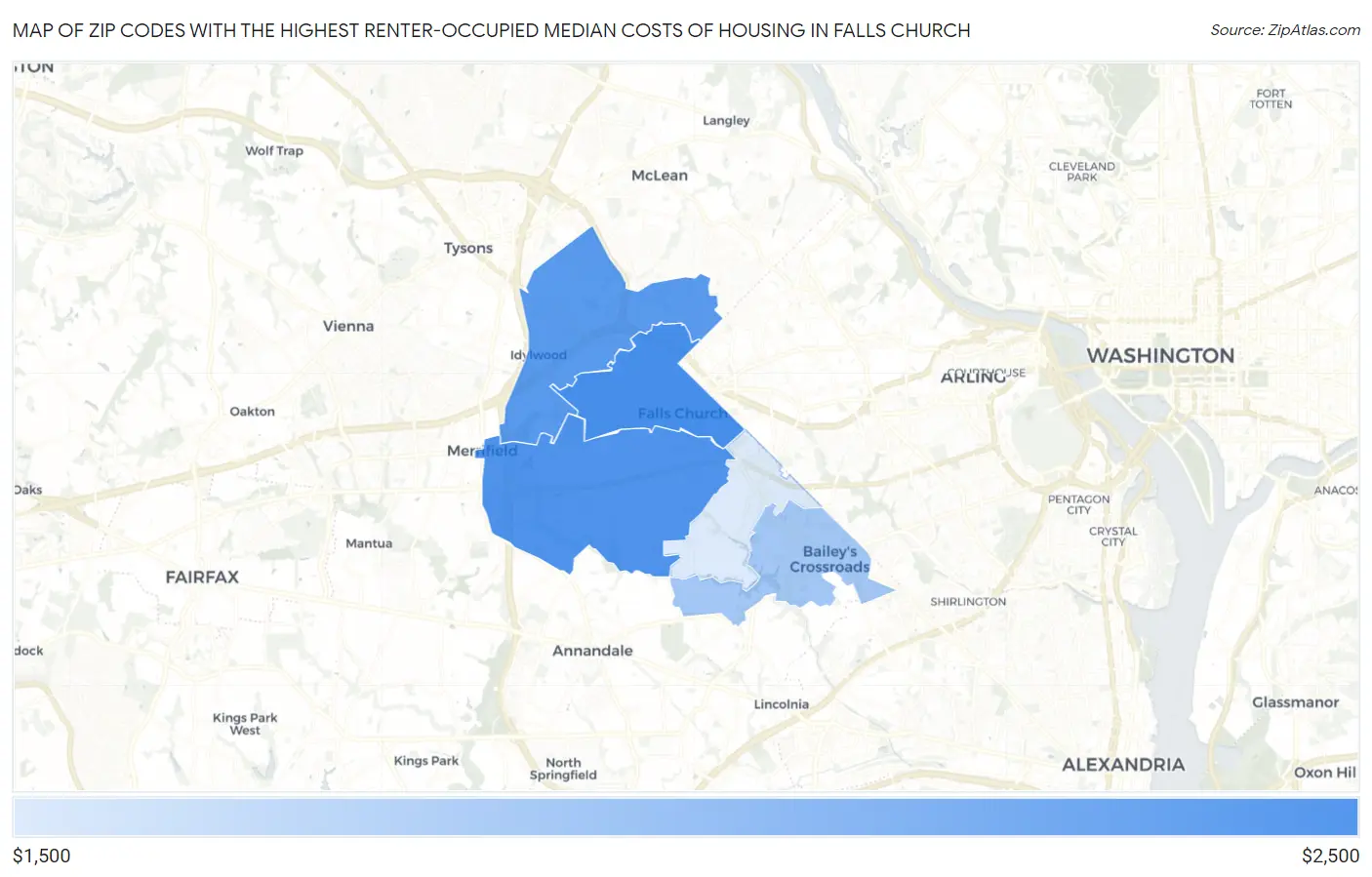 Zip Codes with the Highest Renter-Occupied Median Costs of Housing in Falls Church Map