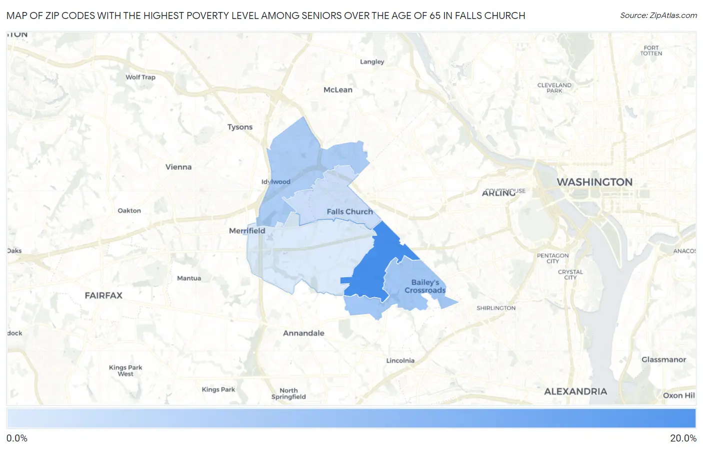 Zip Codes with the Highest Poverty Level Among Seniors Over the Age of 65 in Falls Church Map