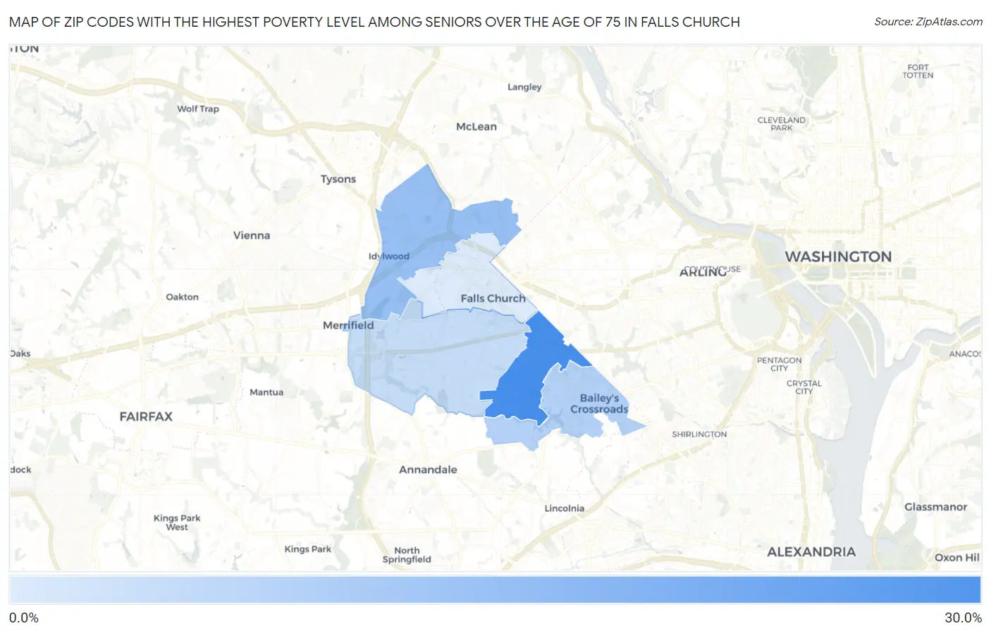 Zip Codes with the Highest Poverty Level Among Seniors Over the Age of 75 in Falls Church Map